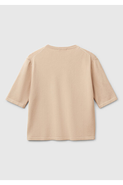 United Colors of Benetton Γυναικείο μπεζ Stretch ύφασμα Relax Fit Crew Neck πουλόβερ με μπροστινή τσέπη