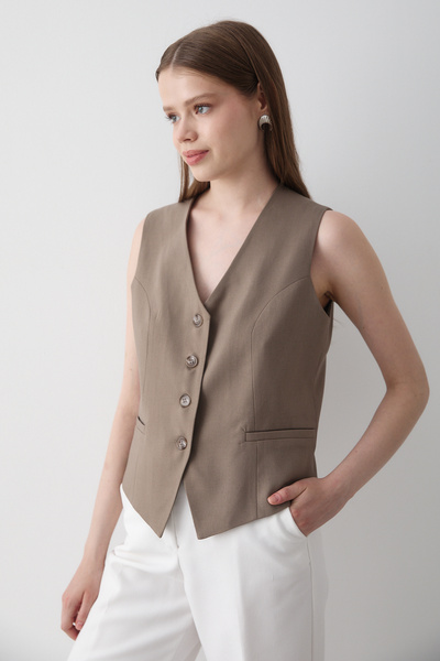 JASTE Women's Khaki Lined Button Detailed Vest