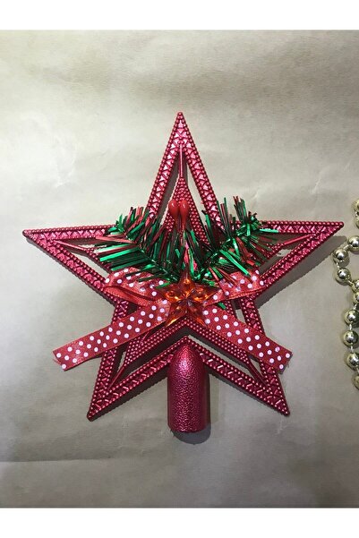 Deniz Party Store Yılbaşı Çam Ağacı Kırmızı Renk Yıldız Tepelik Fiyonklu 1 Adet 15 Cm Plastik
