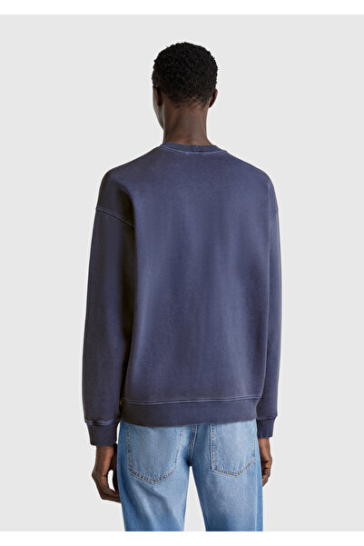 United Colors of Benetton Erkek İndigo Pamuklu Logo Etiketi Detaylı Bisiklet Yaka Sweatshirt