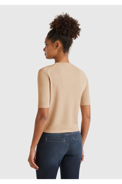 United Colors of Benetton Γυναικείο μπεζ Stretch ύφασμα Relax Fit Crew Neck πουλόβερ με μπροστινή τσέπη