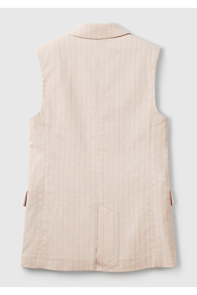 United Colors of Benetton Kadın Bej Pamuk ve Keten Karışımlı İnce Çizgili Cepli Kruvaze Yelek