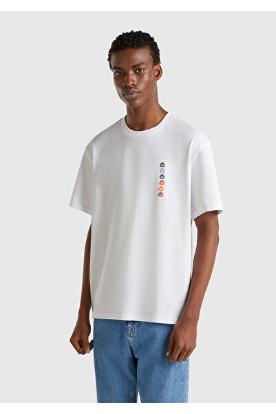 United Colors of Benetton Erkek Beyaz %100 Pamuk Çok Renkli Logolu Oversize B...