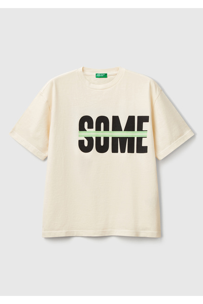 United Colors of Benetton Boy's Ecru Slogan Printed Faded Effect T-Shirt