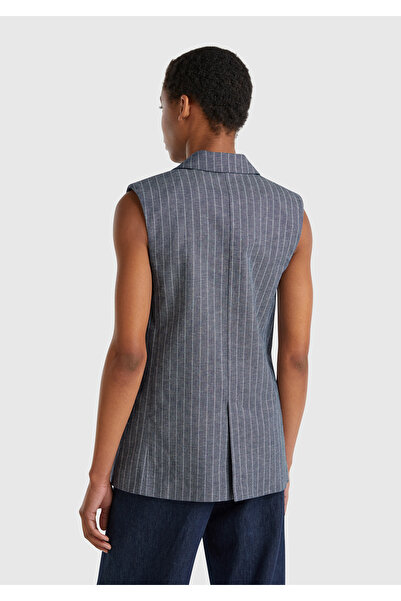 United Colors of Benetton Kadın Lacivert Pamuk ve Keten Karışımlı İnce Çizgili Cepli Kruvaze Yelek