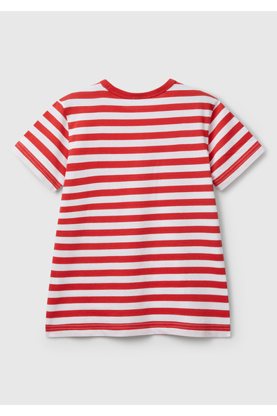 United Colors of Benetton Boy's Red Striped T-Shirt with Logo Embroidered on the Front