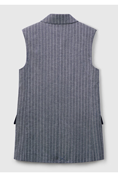 United Colors of Benetton Kadın Lacivert Pamuk ve Keten Karışımlı İnce Çizgili Cepli Kruvaze Yelek