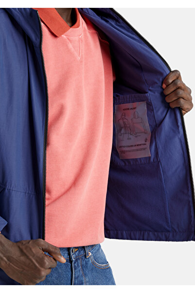United Colors of Benetton Erkek Lavanta Mavisi Pamuk Karışımlı Önü Yama Cepli Fermuarlı Kapüşonlu Ceket