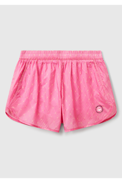 United Colors of Benetton Kadın Pembe Desenli Beli Lastikli Wide Leg Şort