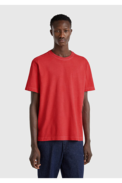 United Colors of Benetton Men's Coral 100% Cotton Logo Printed Relax Fit T-Shirt