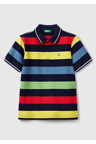 United Colors of Benetton Erkek Çocuk Koyu Renkli Mix Çizgili Logo İşlemeli Polo T-Shirt