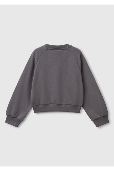 United Colors of Benetton Girl's Anthracite Ribbed Crew Neck Sweatshirt with Stone Detail on the Front