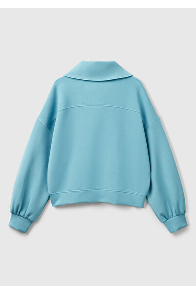 United Colors of Benetton Hanorac de damă, albastru, în amestec modal, cu jumătate de fermoar, cu gât polo