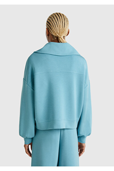 United Colors of Benetton Hanorac de damă, albastru, în amestec modal, cu jumătate de fermoar, cu gât polo