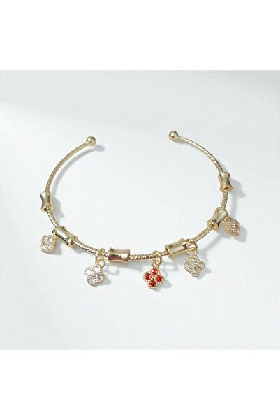 POKAK Kadın 14K Altın Kaplama Yonca Charm Zirkon Taşlı Vip Ayarlanabilir Kele...