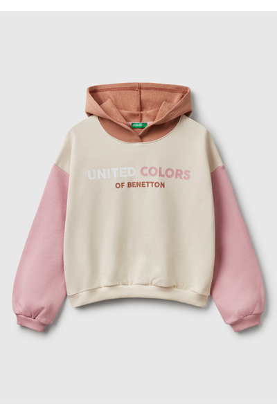 United Colors of Benetton Суитшърт с качулка и лого на Benetton в бежов цвят
