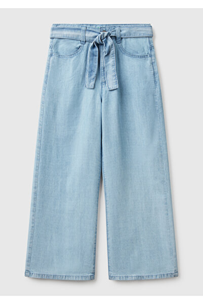United Colors of Benetton Girl's Light Denim 100% Lyosel Belted Wide Fit Denim Trousers