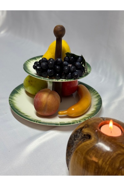 Aless 2-Ply Green Detailed Round Wooden Handle Ceramic Presentation Bowl Snack Bowl Fruit Bowl