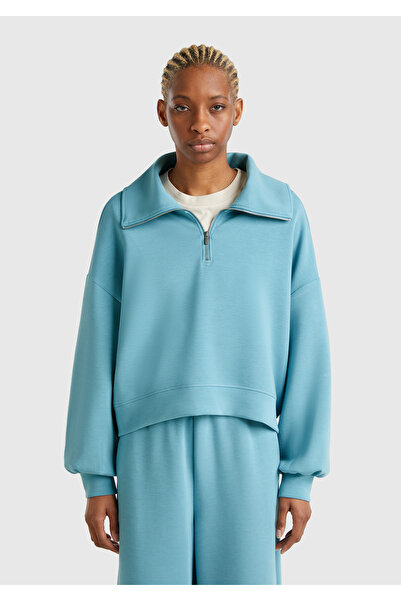United Colors of Benetton Γυναικείο φούτερ με λαιμόκοψη με μισό φερμουάρ σε μπλε Modal