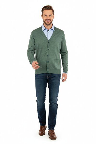 Oppland Erkek V Yakalı Düğmeli Cepli Klasik Model Rahat Kesim Tam Kalıp Yünlü...