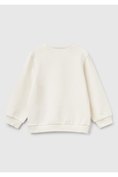 United Colors of Benetton Girl's Ecru Graphic Printed Ribbed Crew Neck Sweatshirt
