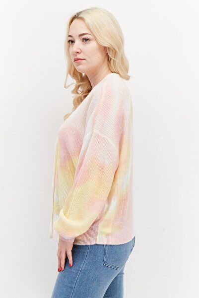 TAIFUN Women V-Neck Long Sleeve Tie Die Cardigans, Yellow/Pink Combo