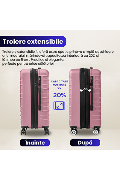 Quasar & Co. Set 3 trolere,S/M/L,Model Line, 4 roti maner telescopic, cifru, ABS, Roz pudrat