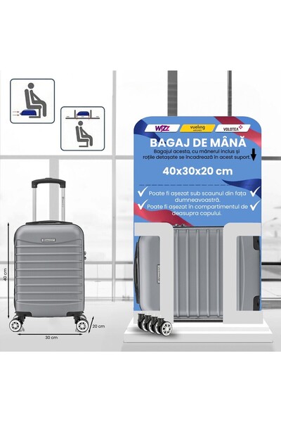Quasar & Co. Set 2 Trolere Cabina 40x30x20cm roti detasabile si 55x36x20cm,bagaj de mana,troller ABS,Argintiu