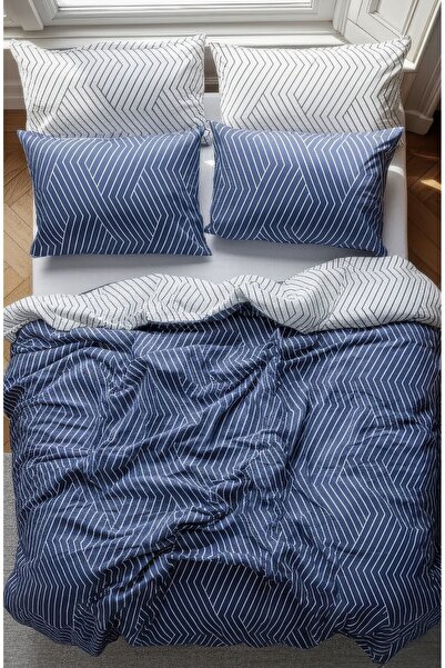 Leruum London طقم غطاء لحاف مفرد بلون داكن مخطط من القطن على الوجهين مع غطاء ...