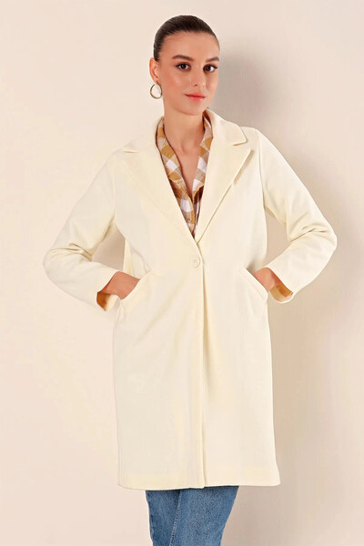 hazelin Women's Ecru Single Button Double Pocket Lined Stylish Cashmere Coat Hzl23W-Bd190851