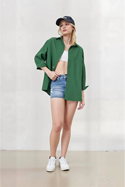 hazelin Γυναικείο Σμαραγδένιο Πράσινο Oversize Μακρύ Βασικό Πουκάμισο HZL22W-BD139001