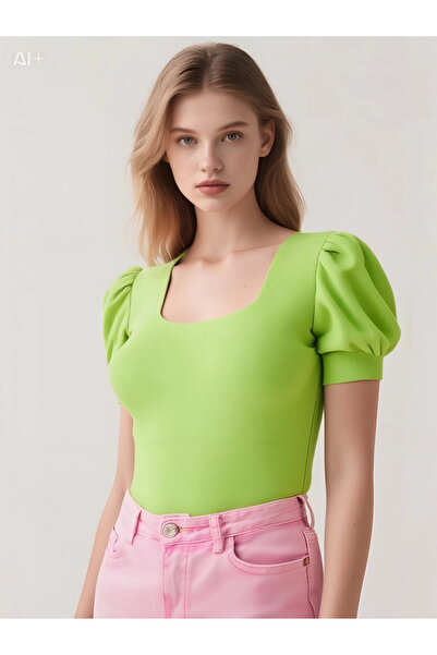 hazelin Γυναικεία πλεκτή μπλούζα με τετράγωνο γιακά σε πράσινο χρώμα φιστίκι HZL22W-BD104091