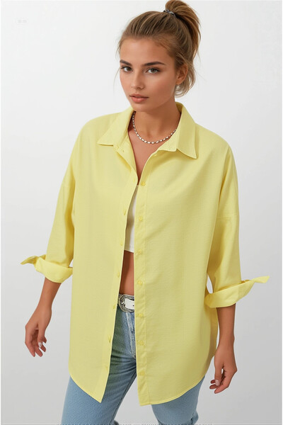 hazelin Γυναικείο κίτρινο oversize μακρύ βασικό πουκάμισο Hzl22w-bd139001