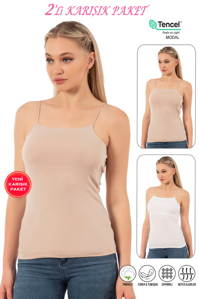 ÖZKAN underwear Özkan 27042 Women's 2-Pack Cotton Modal White Stone Mixed Color Flexible Comfortable Thin Spaghetti Strap Y