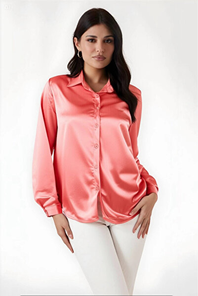 hazelin Γυναικείο πουκάμισο σομόν ελαφρύ, ριχτό σατέν επιφάνειας HZL22W-BD139641