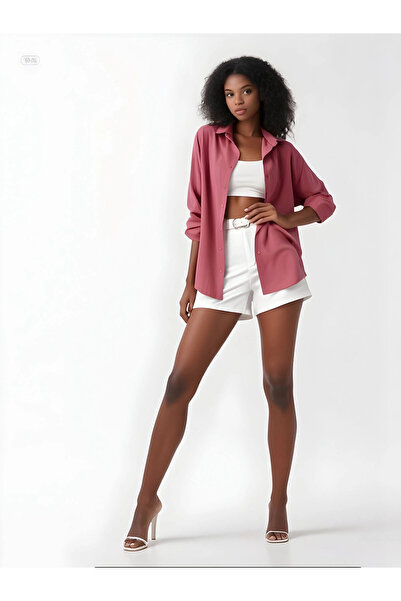 hazelin Γυναικείο μακρύ βασικό πουκάμισο σε σκούρο χρώμα Dusty Rose Oversize HZL22W-BD139001