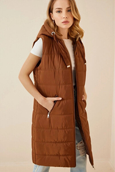 hazelin Women's Chocolate Fixed Hooded Lined Long Puffer Vest Hzl22W-Bd151401