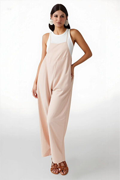 hazelin Women's Cream Adjustable Strap Pocketed Wide Leg Gardener Overalls Hzl22S-Bd170191