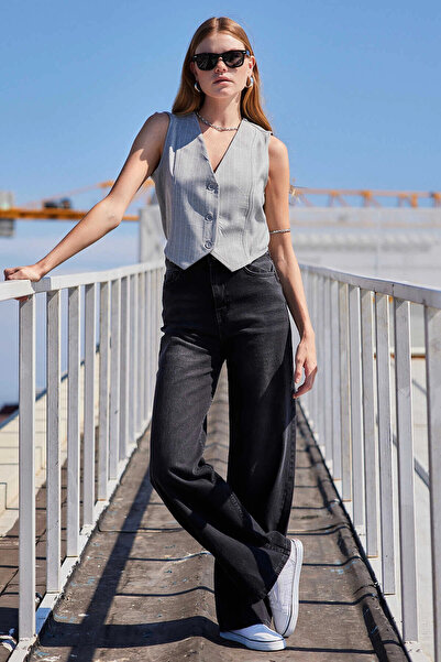hazelin Gray Striped Women's Vest - Buttoned and Unlined, Woven HZL24S-BD167941