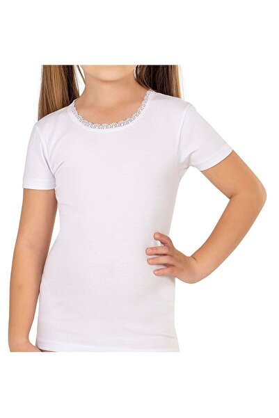 ÖZKAN underwear Özkan 42781 - 10 Pack Girl's Undershirt, Cotton, Lace Detail, Flexible and Comfortable, Short Sleeve