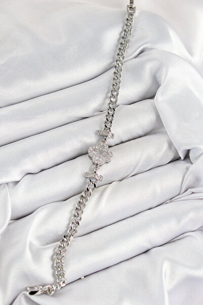 Lisinya Brass Zircon Stone Clover Model Silver Color Women's Bracelet -