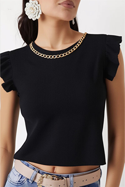 hazelin Γυναικεία πλεκτή μπλούζα με μαύρο βολάν με αλυσίδα HZL22S-BD104301