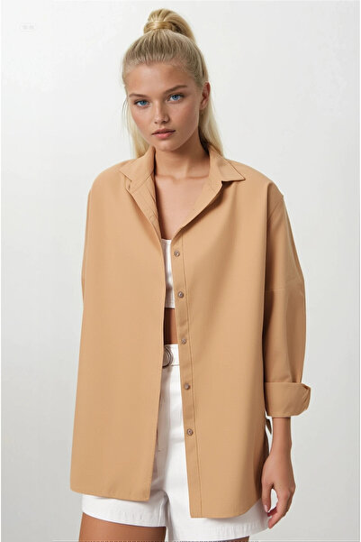hazelin Γυναικείο μακρύ βασικό πουκάμισο Camel Oversize HZL22W-BD139001