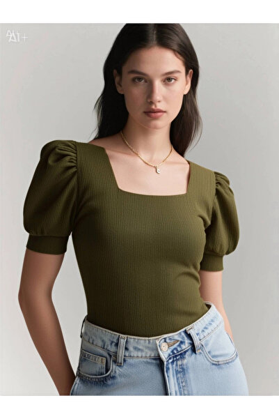 hazelin Χακί Χρώμα Γυναικεία Πλεκτή Μπλούζα - Τετράγωνος Γιακάς, Hzl22w-bd 104091