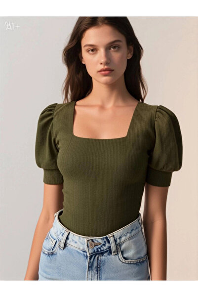 hazelin Χακί Χρώμα Γυναικεία Πλεκτή Μπλούζα - Τετράγωνος Γιακάς, Hzl22w-bd 104091