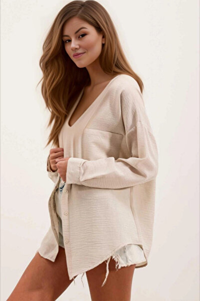 hazelin Ανοιχτό μπεζ λινό πουκάμισο Oversize - με μία τσέπη, HZL24S-BD1201531