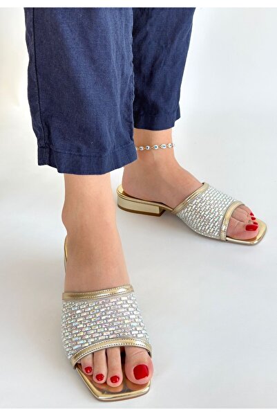 Lisinya Gold Skin Embroidered Slippers -
