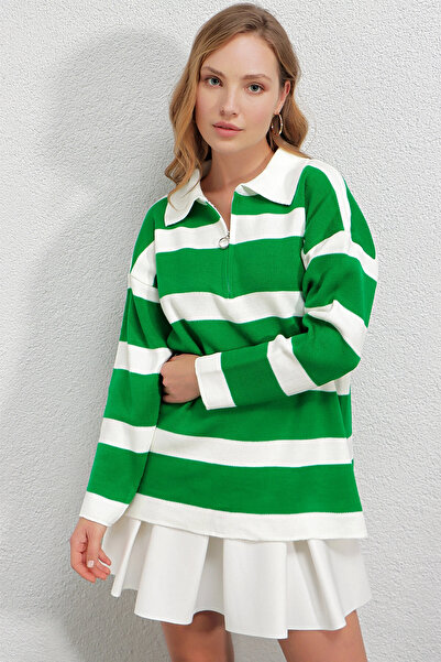 hazelin Kadın Yeşil Çizgili Polo Yaka Fermuarlı Oversize Triko Kazak HZL23W-B...