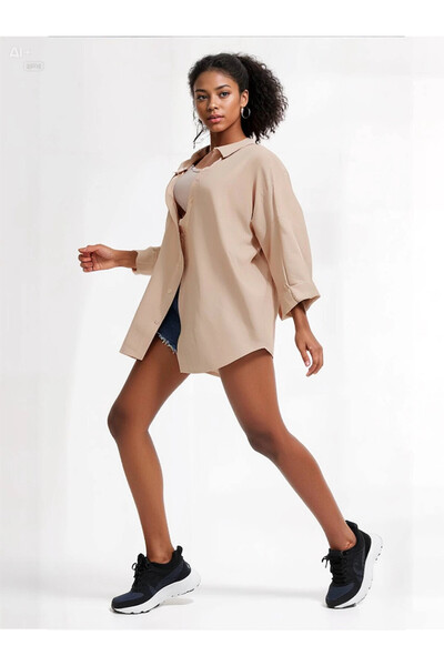 hazelin Γυναικείο μπεζ μακρύ βασικό πουκάμισο HZL22W-BD139001