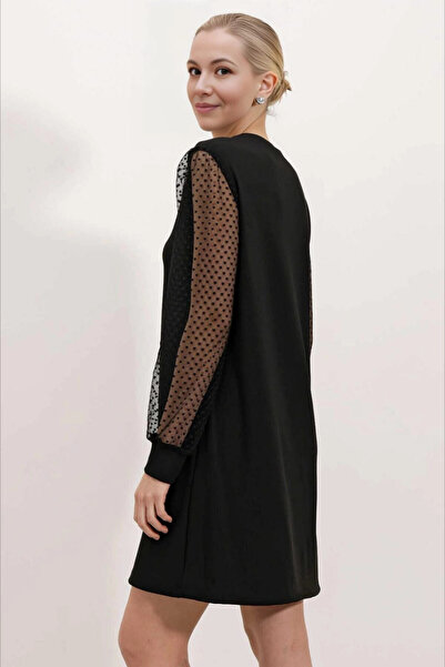 hazelin Black Tulle Sleeve Mini Dress - Crew Neck Hzl24s-bd 124671